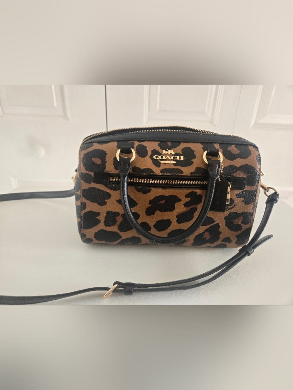 Coach Leopard-Print Satchel in Brown and Black with Gold Hardware MEDIUM ROWAN - Picture 3 of 17